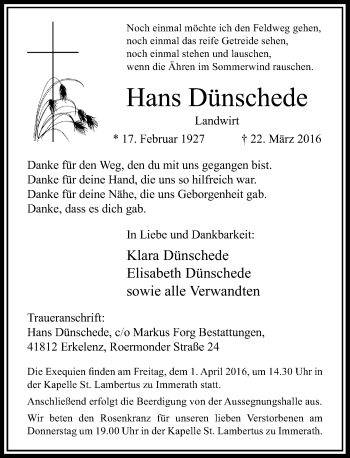 Traueranzeige von Hans Dünschede von Rheinische Post