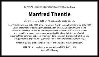 Traueranzeige von Manfred Thentie von Rheinische Post