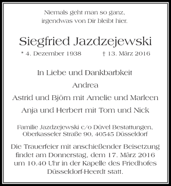 Traueranzeige von Siegfried Jazdzejewski von Rheinische Post