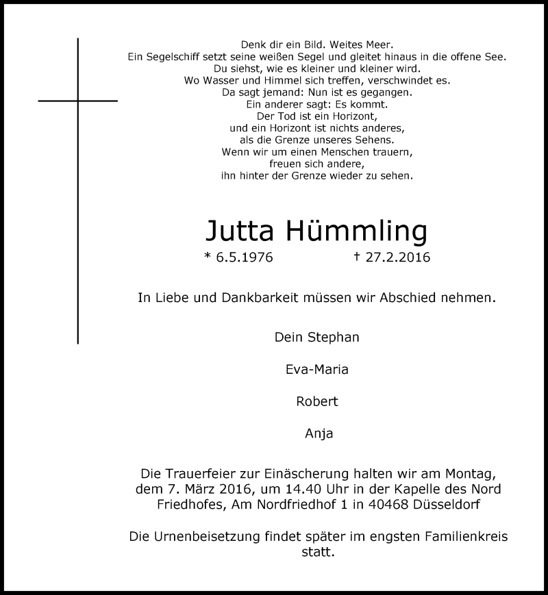  Traueranzeige für Jutta Hümmling vom 05.03.2016 aus Rheinische Post