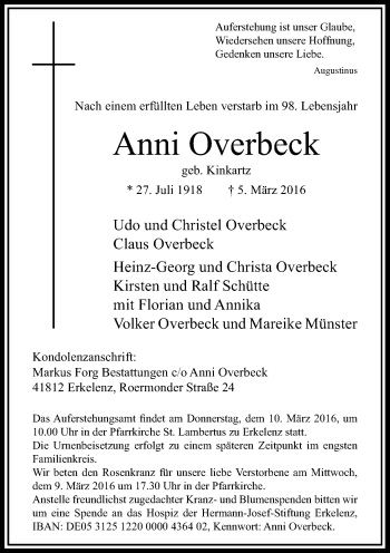 Traueranzeige von Anni Overbeck von Rheinische Post