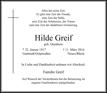 Traueranzeige von Hilde Greif von Rheinische Post