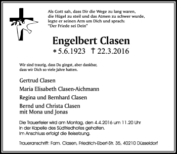 Traueranzeige von Engelbert Clasen von Rheinische Post