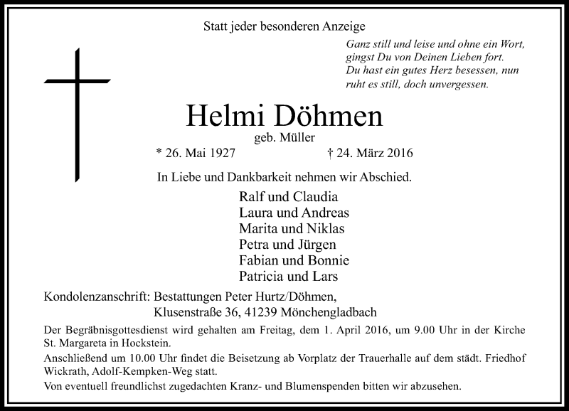  Traueranzeige für Helmi Döhmen vom 30.03.2016 aus Rheinische Post
