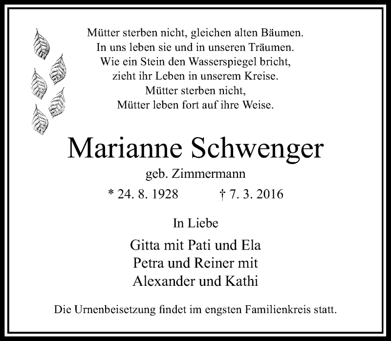 Traueranzeige für Marianne Schwenger vom 19.03.2016 aus Rheinische Post