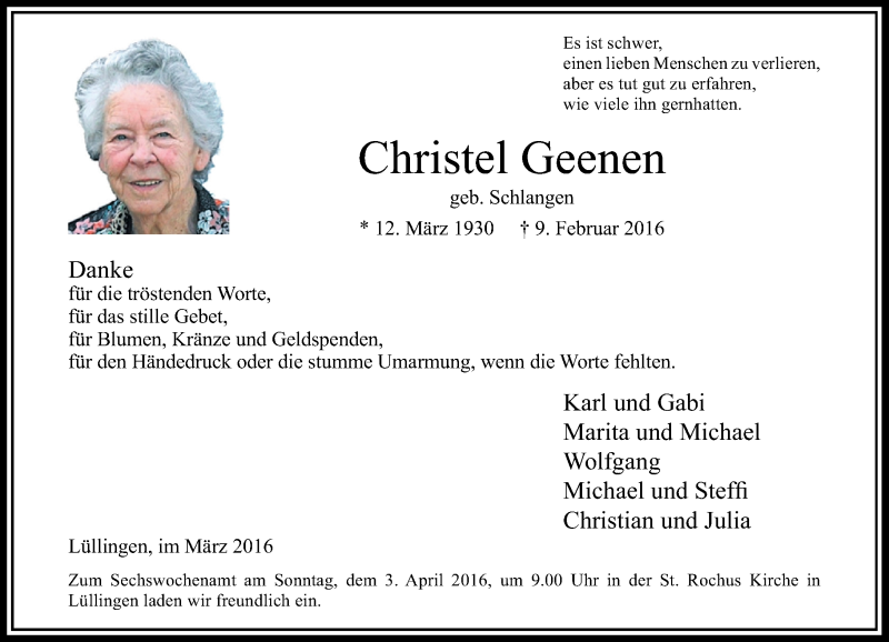 Alle Traueranzeigen für Christel Geenen | trauer.rp-online.de