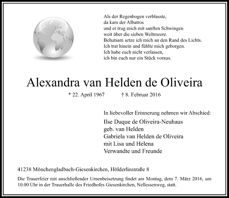  Traueranzeige für Alexandra van Helden de Oliveira vom 05.03.2016 aus Rheinische Post