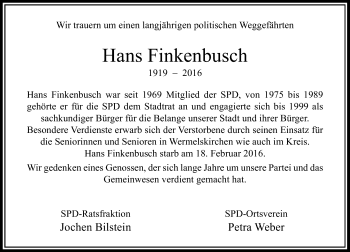 Traueranzeige von Hans Finkenbusch von Rheinische Post