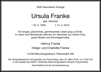 Traueranzeige von Ursula Franke von Rheinische Post