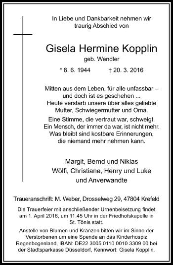 Traueranzeige von Gisela Hermine Kopplin von Rheinische Post