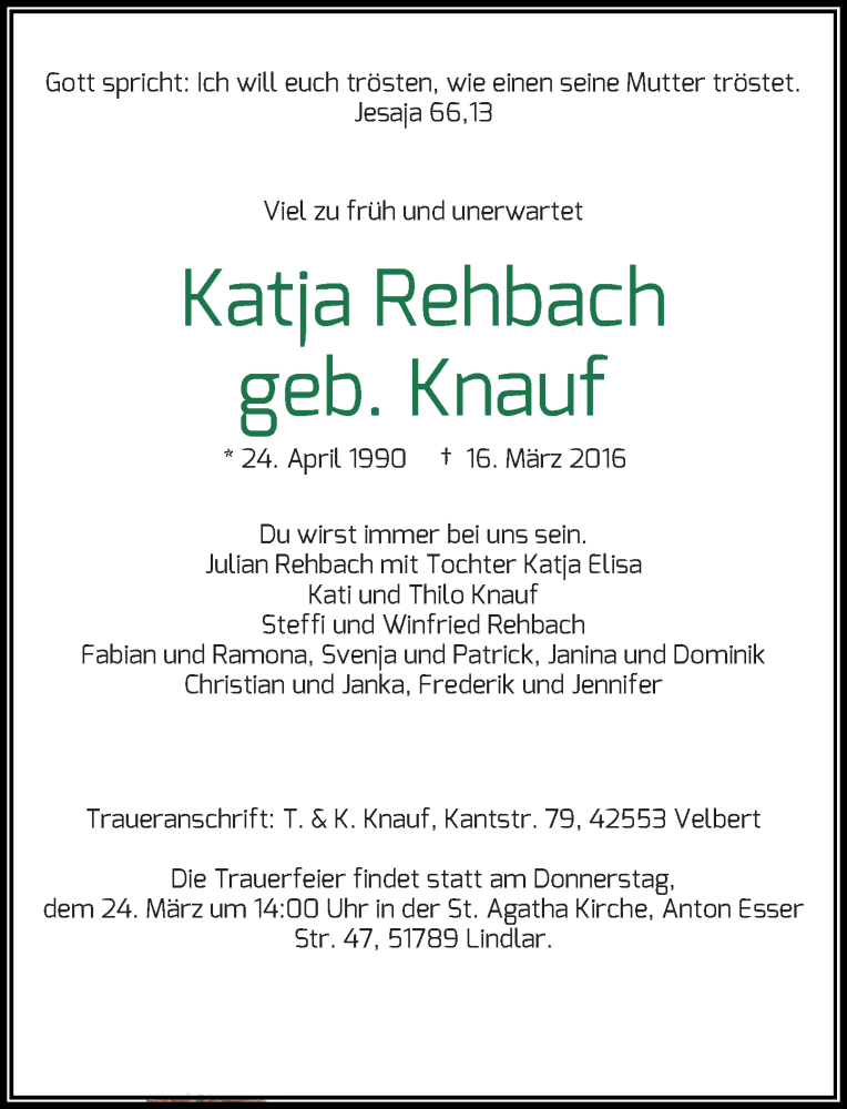  Traueranzeige für Katja Rehbach vom 21.03.2016 aus Rheinische Post