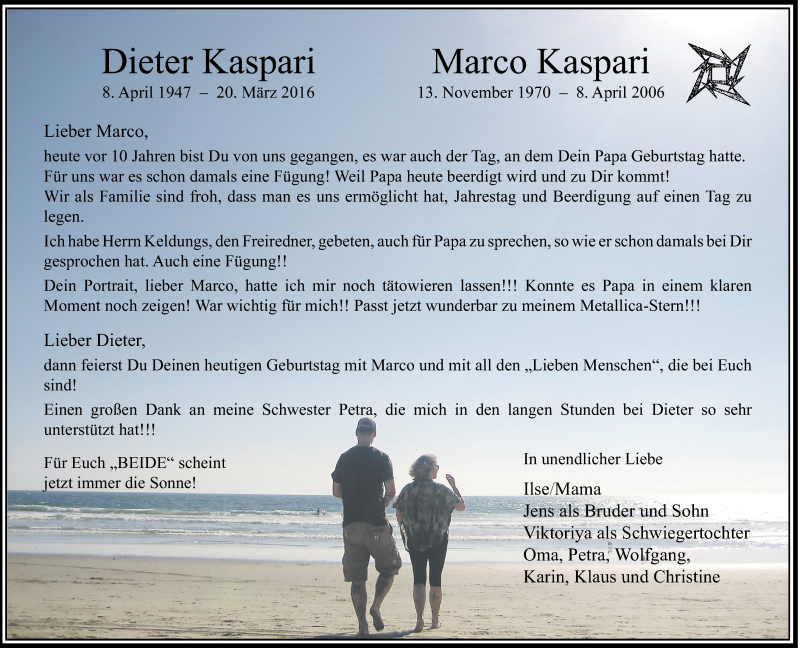  Traueranzeige für Dieter und Marco Kaspari vom 08.04.2016 aus Rheinische Post