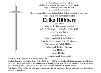 Traueranzeige von Erika Hübbers von Rheinische Post