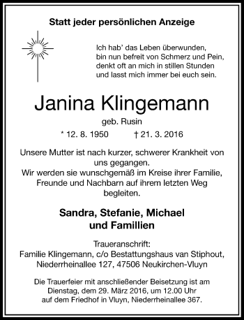 Traueranzeige von Janina Klingemann von Rheinische Post