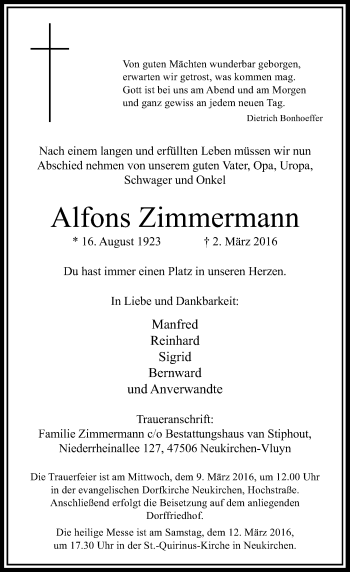 Traueranzeige von Alfons Zimmermann von Rheinische Post