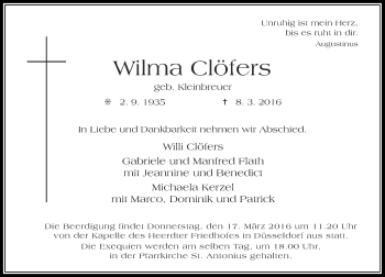 Traueranzeige von Wilma Clöfers von Rheinische Post