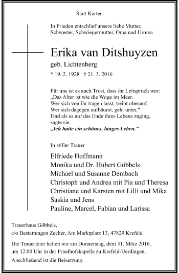 Traueranzeige von Erika van Ditshuyzen von Rheinische Post