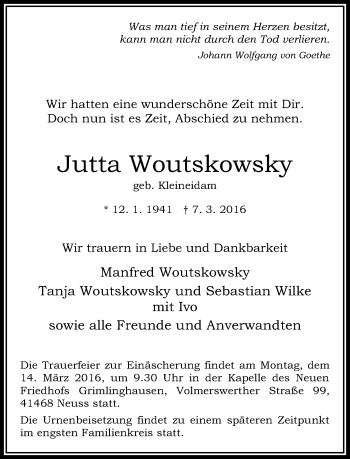 Traueranzeige von Jutta Woutskowsky von Rheinische Post