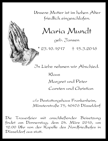 Traueranzeige von Maria Mundt von Rheinische Post