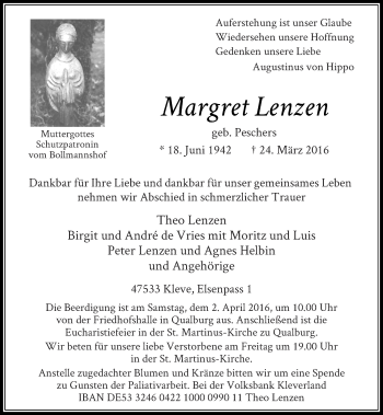 Traueranzeige von Margret Lenzen von Rheinische Post