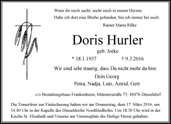 Traueranzeige von Doris Hurler von Rheinische Post