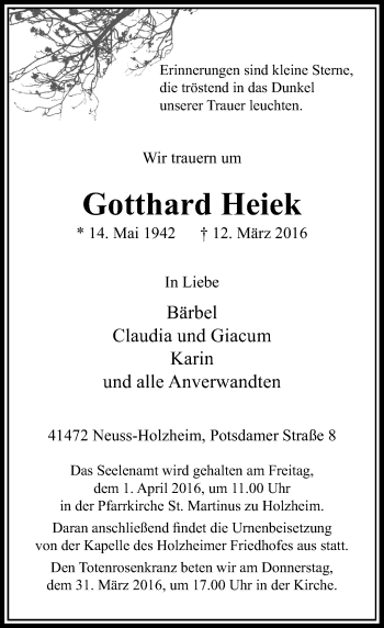 Traueranzeige von Gotthard Heiek von Rheinische Post