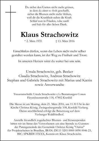Traueranzeige von Klaus Strachowitz von Rheinische Post
