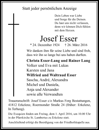 Traueranzeige von Josef Esser von Rheinische Post