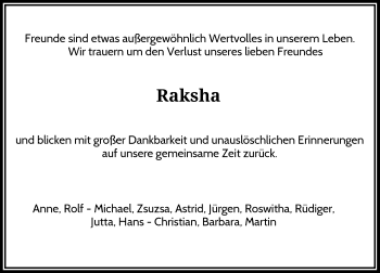 Traueranzeige von Raksha  von Rheinische Post