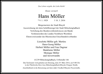Traueranzeige von Hans Möller von Rheinische Post