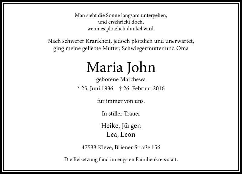 Traueranzeige für Maria John vom 12.03.2016 aus Rheinische Post