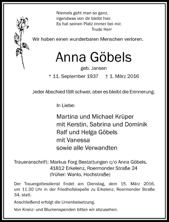 Traueranzeige von Anna Göbels von Rheinische Post