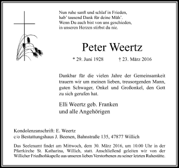 Traueranzeige von Peter Weertz von Rheinische Post