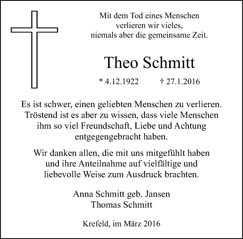  Traueranzeige für Theo Schmitt vom 05.03.2016 aus Rheinische Post