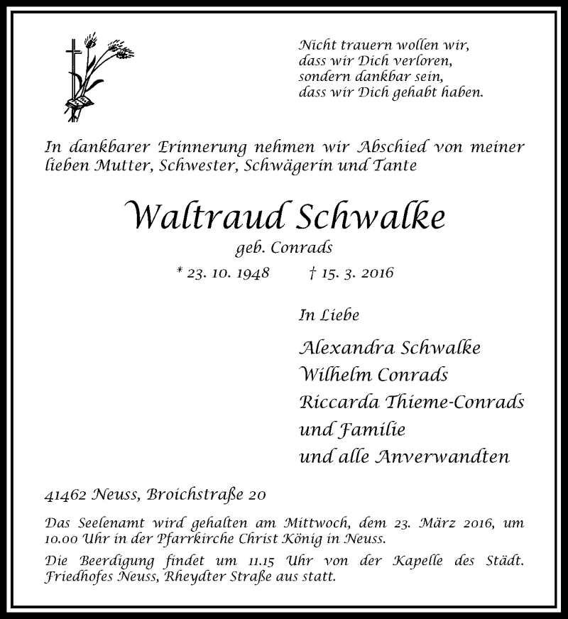  Traueranzeige für Waltraud Schwalke vom 17.03.2016 aus Rheinische Post