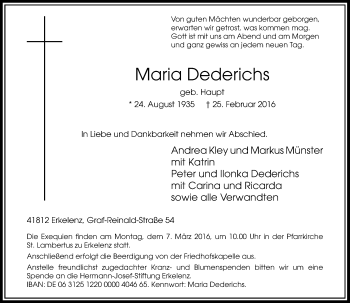 Traueranzeige von Maria Dederichs von Rheinische Post