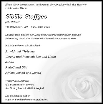 Traueranzeige von Sibilla Stöffges von Rheinische Post