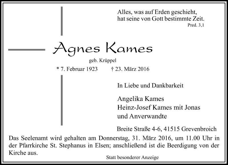  Traueranzeige für Agnes Kames vom 29.03.2016 aus Rheinische Post