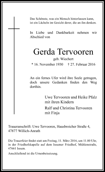 Traueranzeige von Gerda Tervooren von Rheinische Post