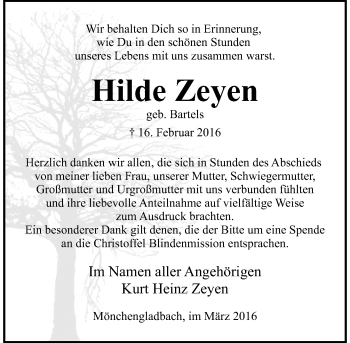 Traueranzeige von Hilde Zeyen von Rheinische Post