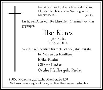 Traueranzeige von Ilse Keres von Rheinische Post