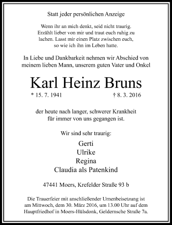 Traueranzeige von Karl Heinz Bruns von Rheinische Post