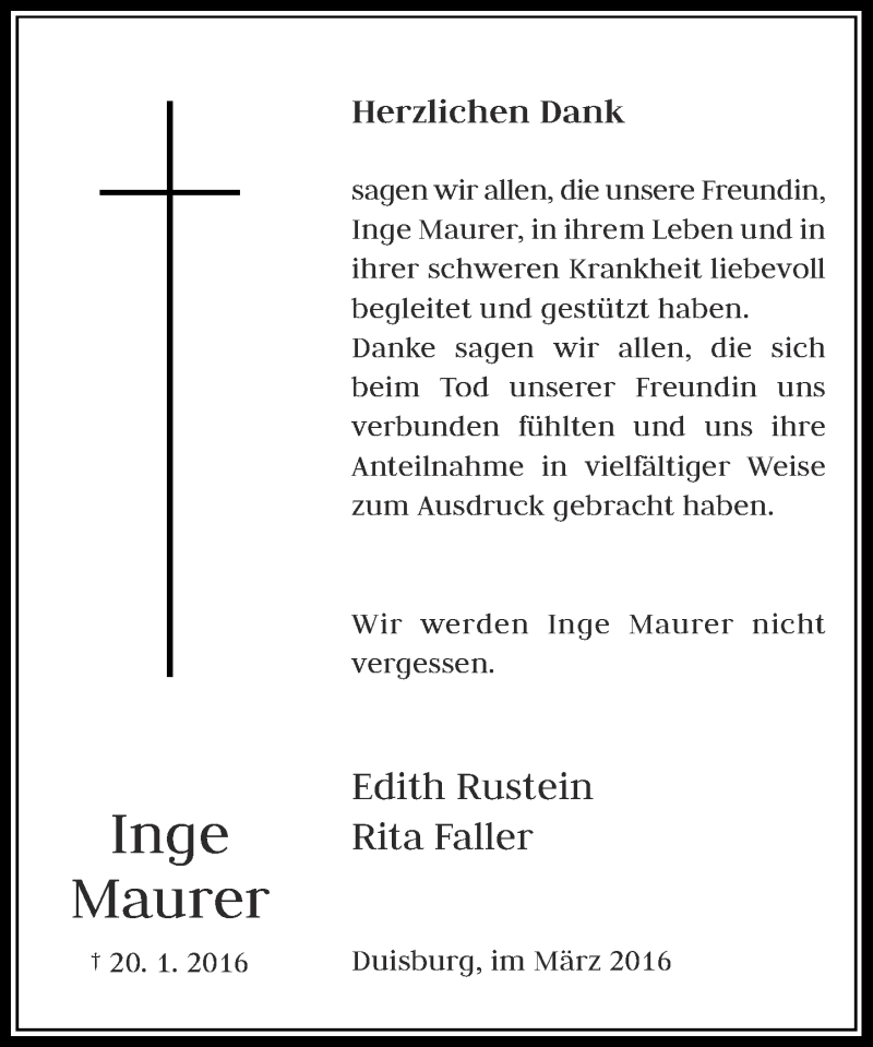  Traueranzeige für Inge Maurer vom 04.03.2016 aus Rheinische Post