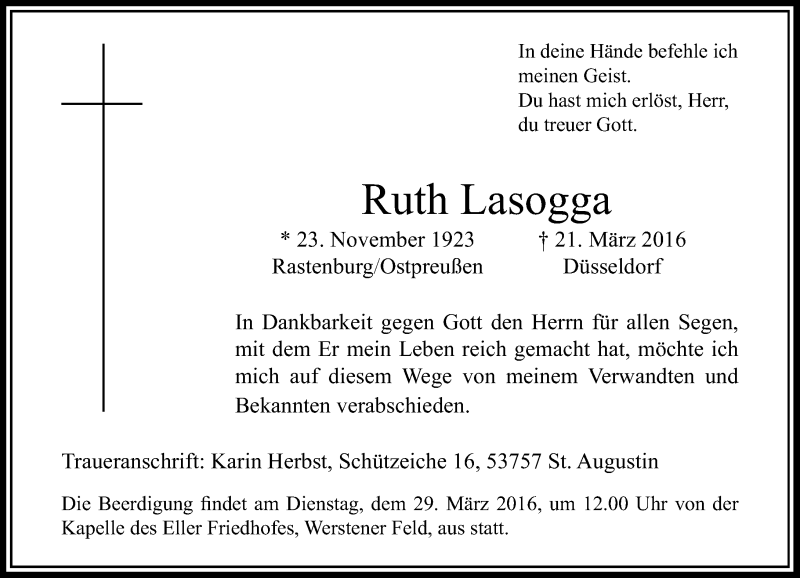  Traueranzeige für Ruth Lasogga vom 26.03.2016 aus Rheinische Post