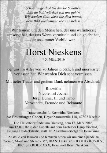 Traueranzeige von Horst Nieskens von Rheinische Post