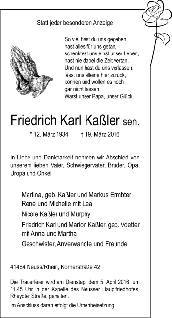 Traueranzeige von Friedrich Karl Kaßler von Rheinische Post
