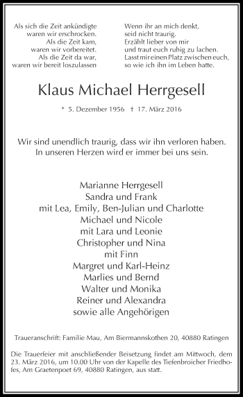 Traueranzeige von Klaus Michael Herrgesell von Rheinische Post