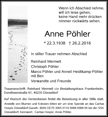 Traueranzeige von Anne Pöhler von Rheinische Post