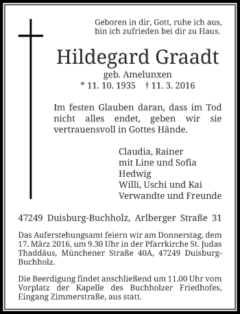 Traueranzeige von Hildegard Graadt von Rheinische Post