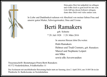 Traueranzeige von Berti Ramakers von Rheinische Post